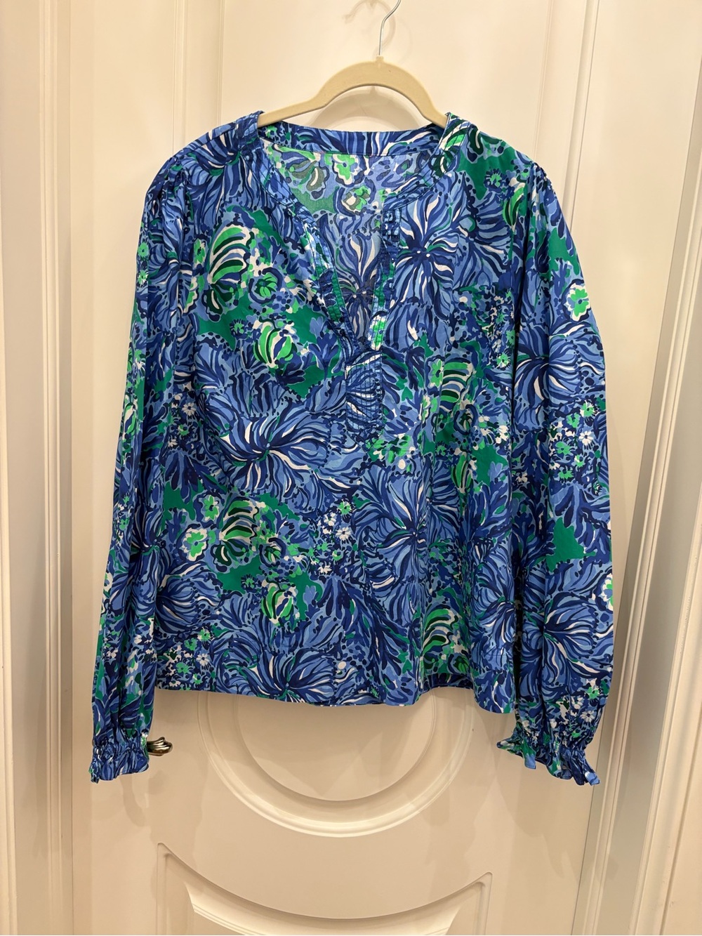 Lilly Pulitzer Blue & Green Floral V-Neck Blouse